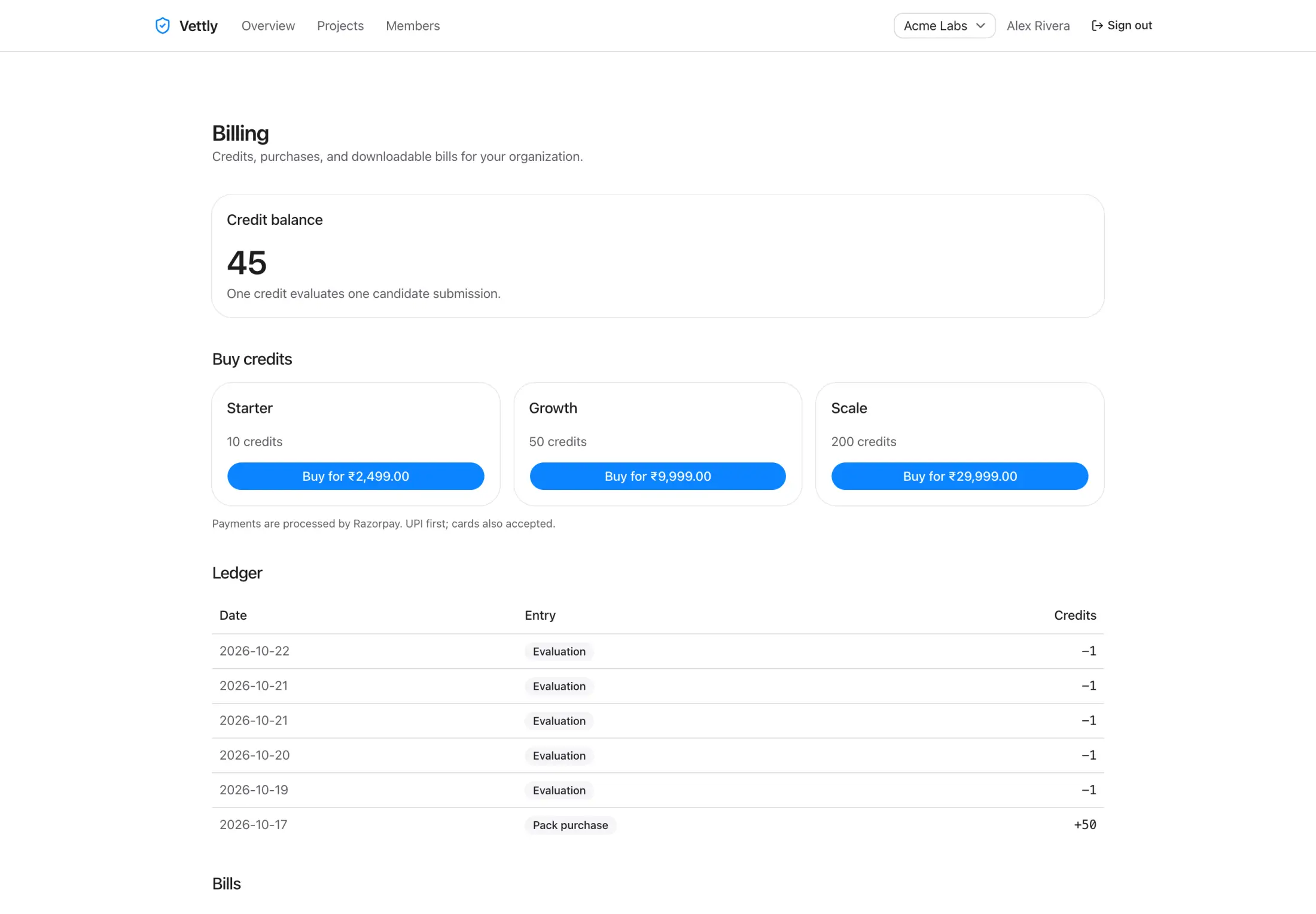 Billing page with a live credit balance, the three credit packs, and a ledger of purchases and per-evaluation deductions